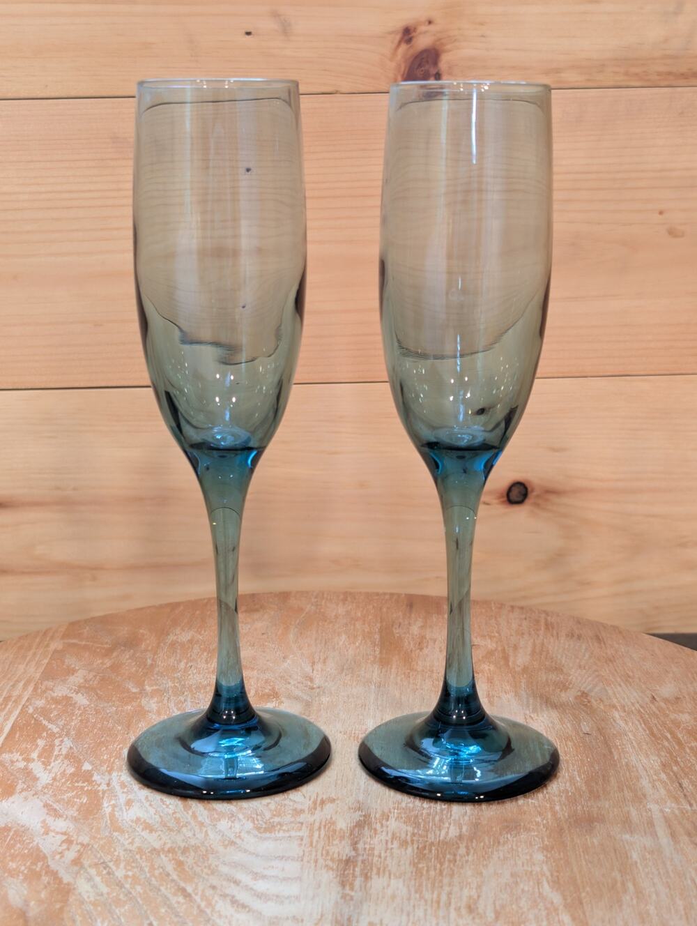 Set of 2 Libbey Smoky Teal Blue Champagne Flutes 8.5" Vintage Glass